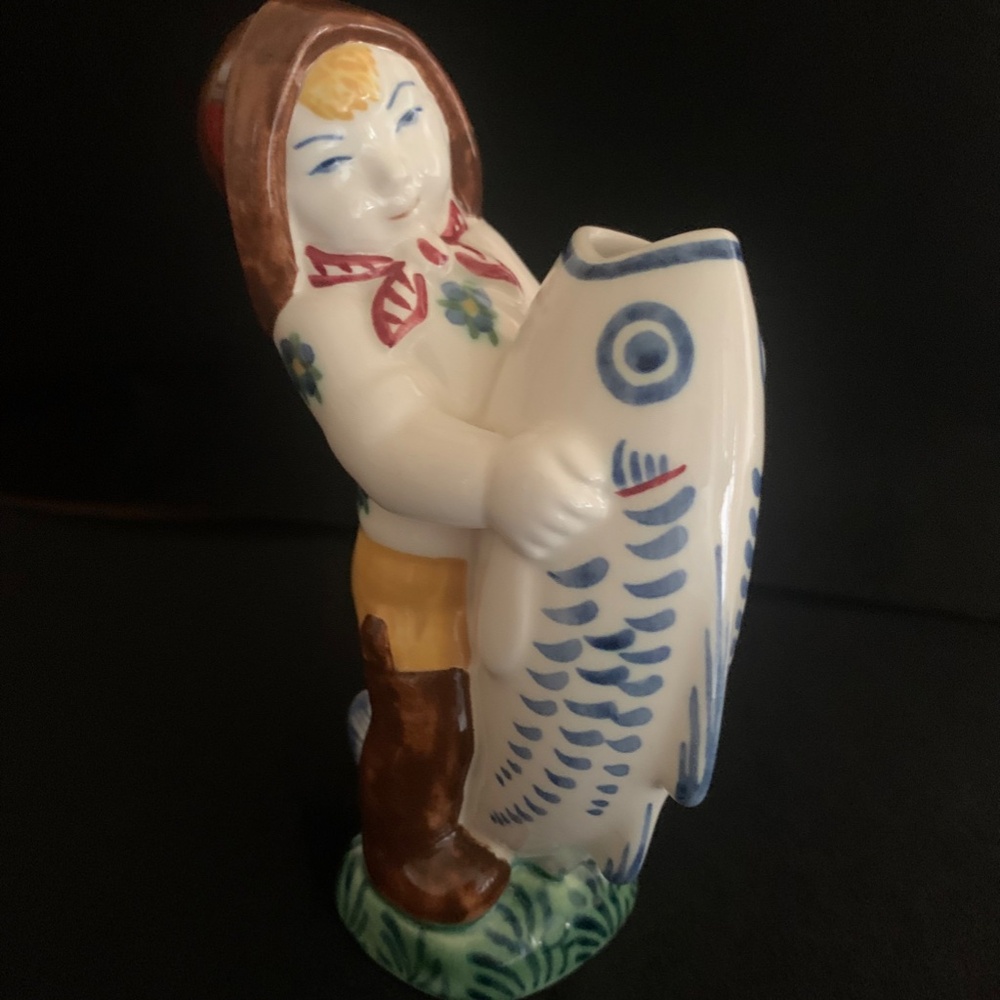 Vtg RARE Mid Century Royal Copenhagen "JUS" Figurine BOY w/ Fish Bud Vase